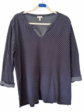 Talbots Plus Navy White Polka Dot Knit Top 1X Split Neck Roll Tab Sleeve